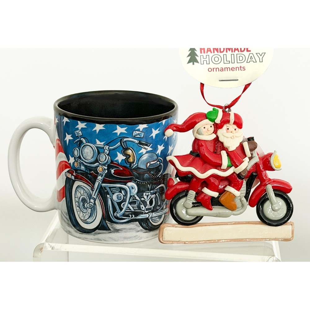 Motorcycle Bundle Coffee Mug & Christmas Ornament Mr & Mrs Claus Riding Bike